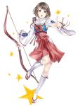  1girl archery arrow bell blush bow bow_(weapon) bowtie brown_eyes brown_hair highres holding_weapon japanese_clothes kneehighs light_background long_sleeves looking_at_viewer ohse open_mouth pointing pointing_at_viewer red_bow ribbon sandals sengoku_basara shoes short_hair simple_background socks solo star traditional_clothes tsuruhime weapon white_background wide_sleeves 