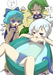  3girls :&lt; bikini blue_eyes blue_hair blush_stickers bow cirno daiyousei hair_bow ice letty_whiterock multiple_girls open_mouth short_hair swimsuit touhou translation_request wings zannen_na_hito 