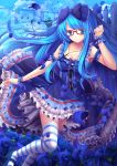  1girl blue_eyes blue_hair bow breasts cleavage dress flower glasses hair_bow jewelry long_hair necklace original rose solo striped striped_legwear thigh-highs toshi_(1-147) 