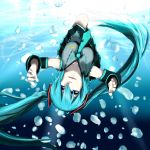  1girl artist_request breasts bubble detached_sleeves green_hair hair_between_eyes hatsune_miku long_hair looking_at_viewer necktie shinkai_shoujo_(vocaloid) solo twintails underwater upside-down vocaloid 