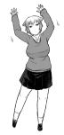  1girl arms_up breasts collared_shirt expressionless fuchibeppu_chiyuri large_breasts monochrome original pointy_hair shirt short_hair skirt solo sweater tsukudani_(coke-buta) 