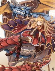  1girl blonde_hair cagliostro_(granblue_fantasy) cape crown dragon eruthika granblue_fantasy hairband highres long_hair ouroboros_(granblue_fantasy) skirt thigh-highs violet_eyes 