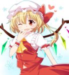  1girl ;d \||/ blonde_hair blush dress_shirt fang flandre_scarlet frilled_shirt_collar hand_to_own_mouth haruki_5050 hat heart looking_at_viewer mob_cap one_eye_closed open_mouth red_eyes shirt short_hair skirt skirt_set smile solo touhou vest wings wrist_cuffs 