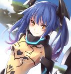  1girl blue_hair blush bodysuit doyagao headgear long_hair looking_at_viewer phantasy_star phantasy_star_online_2 small_breasts smile solo troll_face twintails upper_body xayux yellow_eyes zelsius 