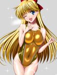  1girl ;d aino_minako anzu_(onelelee) arena_(company) bare_shoulders bishoujo_senshi_sailor_moon blonde_hair blue_eyes blush bow breasts collarbone competition_swimsuit covered_navel earrings finger_to_face grey_background groin hair_bow highleg highleg_swimsuit jewelry long_hair one-piece_swimsuit one_eye_closed open_mouth shiny shiny_clothes shiny_hair simple_background smile solo sparkle swimsuit v wet 