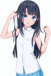  1girl bangs bare_shoulders black_hair blue_eyes blunt_bangs blush commentary_request highres kimagure_blue long_hair looking_at_viewer open_mouth original shirt simple_background skirt sleeveless sleeveless_shirt smile solo very_long_hair 