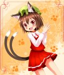  1girl :d animal_ears aps_(alice-momizi) brown_hair cat_ears cat_tail chen hands_together hat highres jewelry multiple_tails open_mouth red_eyes shirt short_hair single_earring skirt smile tail touhou two_tails vest 