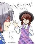  1boy 1girl bow brown_hair closed_eyes glasses hat hat_bow low_twintails morichika_rinnosuke open_mouth plaid red-framed_glasses ribbon satou_yuuki shirt short_hair silver_hair skirt smile touhou translation_request twintails twitter_username usami_sumireko 
