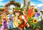  6+girls aki_minoriko aki_shizuha animal_ears apron arm_ribbon armband ascot bangs blonde_hair blue_eyes blue_sky blush bow breasts brown_eyes brown_hair brown_skirt cat_ears cat_tail chen choker closed_eyes clouds cup dress earrings fang field flame_print flower flower_field fog food forest fox_tail frilled_collar frilled_skirt frills fruit garden_of_the_sun gradient_dress grapes grass green_hair green_hat hair_bow hair_ornament hand_up hands_on_hips hat hat_ornament hat_ribbon ice_cream jewelry juliet_sleeves kazami_yuuka leaf_hair_ornament letty_whiterock light_smile long_hair long_skirt long_sleeves looking_at_another looking_at_viewer mob_cap multiple_girls multiple_tails nature one_eye_closed open_mouth orange_dress plaid plaid_skirt plaid_vest plant potted_plant puffy_sleeves purple_dress purple_hair red_dress red_eyes ribbon ribbon_choker scarf shiizako shiny shiny_hair shirt short_hair siblings sidelocks sisters sitting skirt sky sleeveless sleeveless_dress sunflower sunlight sweatdrop tabard tail teacup teapot tongue tongue_out touhou tree trigram two_tails umbrella untucked_shirt violet_eyes watering_can wavy_hair white_dress wide_sleeves yakumo_ran yakumo_yukari yellow_shirt 