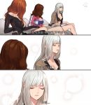  3girls 3koma artist_name bangs breasts brown_hair cleavage closed_eyes comic commentary_request herowarz korean large_breasts lips long_hair multiple_girls parted_lips redhead rod_(rod4817) silver_hair translation_request 