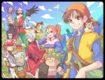  animal_ears bald bandana belt bird black_border black_hair blonde_hair blue_eyes blue_sky border breasts bridle brown_eyes brown_hair cat character_request cheese cleavage clouds copyright_name detached_sleeves dragon_quest dragon_quest_viii dress facial_hair fake_animal_ears grass green_eyes grey_hair grin hairband hero_(dq8) horse jessica_albert kukuru_(dq8) long_hair makoto_(xxxmatatavi) morrie_mozzarella mouse mustache ocean orange_hair pirate_ship ponytail pot pouch rabbit_ears red_(dq8) sky smile spiked_helmet staff treasure_chest trode yangus 