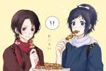  !! 2boys black_hair blue_eyes brown_hair eating food heart japanese_clothes kashuu_kiyomitsu male_focus mole mole_under_eye mole_under_mouth multiple_boys ponytail red_eyes scarf touken_ranbu upper_body yakitori yamato-no-kami_yasusada yamazaki_mitsuko 