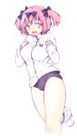  +_+ 1girl blue_eyes blush bow breasts buruma hair_bow hibari_(senran_kagura) large_breasts looking_at_viewer natu78 open_mouth pink_hair senran_kagura senran_kagura_(series) short_hair short_twintails sketch smile solo symbol-shaped_pupils track_jacket twintails 