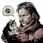  1boy animal beard diamond_dog dog dog_paws facial_hair gloves ilya_kuvshinov metal_gear_(series) metal_gear_solid_v monochrome paws puppy revolver_ocelot scarf 