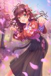  1girl :3 alternate_costume bangs bird brown_hair cherry_blossoms earrings fang floral_print green_eyes hair_ornament hakama highres ichinose_shiki idolmaster idolmaster_cinderella_girls japanese_clothes jay_xu jewelry kimono long_hair long_sleeves looking_at_viewer motion_blur open_mouth paw_pose petals sky solo tree 