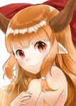  1girl covering covering_breasts fang hair_ornament hair_ribbon horns ibuki_suika jpeg_artifacts long_hair nishiuri nude orange_hair pointy_ears portrait red_eyes ribbon simple_background slit_pupils smile solo touhou white_background 
