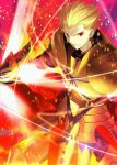  1boy blonde_hair earrings fate/grand_order fate_(series) gilgamesh holding_weapon jewelry magic red_eyes solo spaulders 
