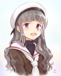  1girl :d artist_name bangs beret blunt_bangs candide cardcaptor_sakura daidouji_tomoyo grey_hair hat open_mouth school_uniform serafuku signature smile solo turtleneck upper_body violet_eyes wavy_hair white_hat 