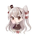  1girl amatsukaze_(kantai_collection) brown_eyes bubble_blowing bubblegum chibi dress hair_ornament hair_tubes hairband highres kantai_collection kurase37 long_hair long_sleeves looking_at_viewer sailor_dress silver_hair simple_background solo thigh-highs two_side_up very_long_hair white_background windsock zettai_ryouiki 