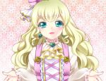  1girl blonde_hair blush character_request cravat earrings frills green_eyes hat jewelry long_hair mitsuyaama otoca_doll pink_background smile solo upper_body 