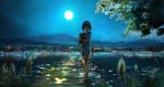  00 1girl barefoot blurry cat city city_lights cityscape dark dock dress full_moon grass highres holding_animal looking_at_viewer moon moonlight mountain night original partially_submerged reflection scenery short_hair sky smile solo tree water white_dress 