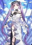  1girl absurdly_long_hair asakawa_yuu dress euryale fate/grand_order fate_(series) hair_ornament long_hair open_mouth pink_eyes pink_hair solo strapless_dress twintails very_long_hair white_dress 