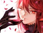  1girl alcohol black_gloves cup drinking_glass face gloves joseph_lee lens_flare long_hair looking_at_viewer petals pixiv_fantasia pixiv_fantasia_t red_eyes red_queen_(pixiv_fantasia) redhead solo wine wine_glass 