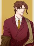  1boy brown_eyes brown_hair earrings formal highres iizuna_mitsu jewelry jojo_no_kimyou_na_bouken kakyouin_noriaki male_focus necktie scarf solo suit upper_body 