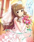  1girl artist_request bouquet brown_hair dress earrings elbow_gloves eyebrows flower gloves hair_bun highres idolmaster idolmaster_cinderella_girls jewelry kamiya_nao long_hair looking_at_viewer necklace official_art red_eyes solo sparkle tiara upscaled veil waifu2x wedding_dress 