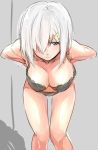  1girl bent_over black_bra black_panties blue_eyes bra breasts hair_ornament hair_over_one_eye hairclip hamakaze_(kantai_collection) isshiki_(ffmania7) kantai_collection large_breasts panties short_hair silver_hair simple_background sketch solo underwear underwear_only 