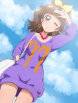  amanogawa_kirara bag blush brown_hair earrings go!_princess_precure hime_cut long_hair necklace ponytail purple_eyes ribbon smile sweater wink 