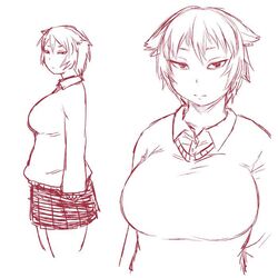  1girl :| breasts collared_shirt flat_gaze fuchibeppu_chiyuri half-closed_eyes huge_breasts looking_at_viewer monochrome original plump pointy_hair serious shirt short_hair skirt solo sweater_vest thick_thighs thighs tsukudani_(coke-buta) 