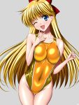  1girl ;d aino_minako anzu_(onelelee) arena_(company) bare_shoulders bishoujo_senshi_sailor_moon blonde_hair blue_eyes blush bow breasts collarbone competition_swimsuit covered_navel earrings finger_to_face grey_background groin hair_bow highleg highleg_swimsuit jewelry long_hair one-piece_swimsuit one_eye_closed open_mouth shiny shiny_clothes shiny_hair simple_background smile solo swimsuit v 