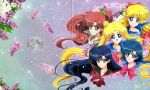  5girls absurdres aino_minako beads bishoujo_senshi_sailor_moon blonde_hair blue_hair brown_hair close-up double_bun everyone flower highres hino_rei kino_makoto long_hair mizuno_ami moon multiple_boys multiple_girls official_art open_mouth pearl ponytail sakou_yukie scan school_uniform short_hair smile sparkle touei tsukino_usagi twintails uniform 