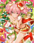  1girl artist_request bandeau boots breasts christmas christmas_tree cleavage earrings eyelashes gloves grin hat highres idolmaster idolmaster_cinderella_girls jewelry jougasaki_mika jpeg_artifacts long_hair merry_christmas mini_hat necklace official_art one_eye_closed pink_hair reindeer santa_boots santa_costume smile solo twintails upscaled v waifu2x yellow_eyes 