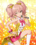  1girl artist_request bare_shoulders boots bow bracelet breasts earrings eyelashes hand_on_hip highres idolmaster idolmaster_cinderella_girls jewelry jougasaki_mika knee_boots long_hair microphone official_art one_eye_closed pink_hair skirt solo twintails upscaled waifu2x white_boots 
