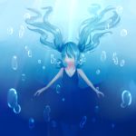  1girl artist_request blue_hair breasts bubble cleavage hatsune_miku long_hair no_eyes outstretched_arms shinkai_shoujo_(vocaloid) sketch solo submerged underwater vocaloid 