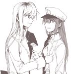  2girls clipe eye_contact fate_testarossa hat long_hair looking_at_another lyrical_nanoha monochrome multiple_girls simple_background smile takamachi_nanoha white_background 