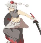  1boy abs animal_ears evil_grin evil_smile genderswap geta gloves grin hasebe_yuusaku hat inubashiri_momiji looking_at_viewer male muscle pom_pom_(clothes) red_eyes shield short_hair silver_hair skirt smile solo sword tabi tokin_hat toned touhou weapon wolf_ears 