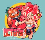  1girl brand_name_imitation breasts cleavage denim fingerless_gloves gloves hooters leaf matk0210 plate simple_background splatoon takozonesu towel 