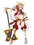  1girl axe battle_axe bell breasts dean greaves groin hand_on_hip highres horns long_hair navel open_mouth original ponytail shiny shiny_skin short_shorts shorts sideboob silver_hair solo sword very_long_hair weapon white_background yellow_eyes 