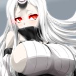  1girl bare_shoulders breasts detached_sleeves grey_background highres horn huge_breasts kantai_collection long_hair pale_skin red_eyes ribbed_sweater seaport_hime shinkaisei-kan shy sideboob simple_background solo sweater upper_body watarui white_hair 