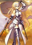  1girl armor armored_boots banner blonde_hair blue_eyes crown fate/grand_order fate_(series) gauntlets long_hair ruler_(fate/apocrypha) smile solo sword very_long_hair weapon 