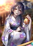  1girl blue_hair blurry blush brown_eyes depth_of_field festival floral_print holding japanese_clothes kimono lens_flare lma long_hair love_live!_school_idol_project open_mouth solo sonoda_umi squatting water_yoyo wide_sleeves yukata 
