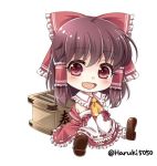  1girl :d ascot blush bobby_socks bow brown_hair chibi detached_sleeves frilled_shirt_collar hair_bow hair_ribbon hair_tubes hakurei_reimu haruki_5050 large_bow loafers looking_at_viewer open_mouth red_eyes ribbon ribbon-trimmed_sleeves ribbon_trim shoes short_hair skirt skirt_set smile socks solo touhou vest younger 