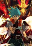 1boy armor belt blue_eyes breastplate breath_of_fire breath_of_fire_iii brown_belt closed_mouth dragon green_pants hand_up hankuri looking_at_viewer male_focus pants puffy_short_sleeves puffy_sleeves red_scarf ryuu_(breath_of_fire_iii) scarf short_sleeves solo