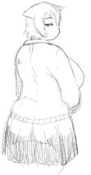  1girl ass breasts expressionless from_behind fuchibeppu_chiyuri huge_breasts looking_at_viewer monochrome original plump pointy_hair see-through short_hair sketch solo sweater_vest thick_thighs thighs tsukudani_(coke-buta) 