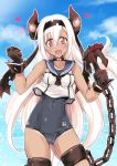  1girl :d air_defense_hime anchor bare_shoulders black_gloves blood blush breasts chain clouds collar cosplay crop_top gloves hair_between_eyes hair_ornament hairband heart horns kantai_collection long_hair looking_at_viewer onaya_masakazu one-piece_swimsuit one-piece_tan open_mouth red_eyes ro-500_(kantai_collection) ro-500_(kantai_collection)_(cosplay) sailor_collar school_swimsuit school_uniform shinkaisei-kan sky smile solo sweat swimsuit swimsuit_under_clothes tan tanline very_long_hair water white_hair 