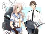  1boy 1girl admiral_(kantai_collection) brown_hair glasses green_eyes hand_in_pocket kantai_collection kinugasa_(kantai_collection) long_hair morinaga_(harumori) necktie remodel_(kantai_collection) school_uniform serafuku smile turret uniform 