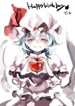  1girl apple azuki_(azuki-taste) bat_wings blue_hair fangs fingernails food fruit happy_birthday hat heart heart_hands highres mob_cap pink_eyes remilia_scarlet sharp_fingernails short_hair simple_background smile solo touhou upper_body white_background wings 